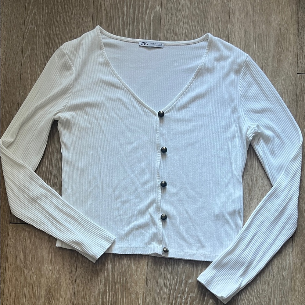 Zara White Ribbed Button-Down Shirt
